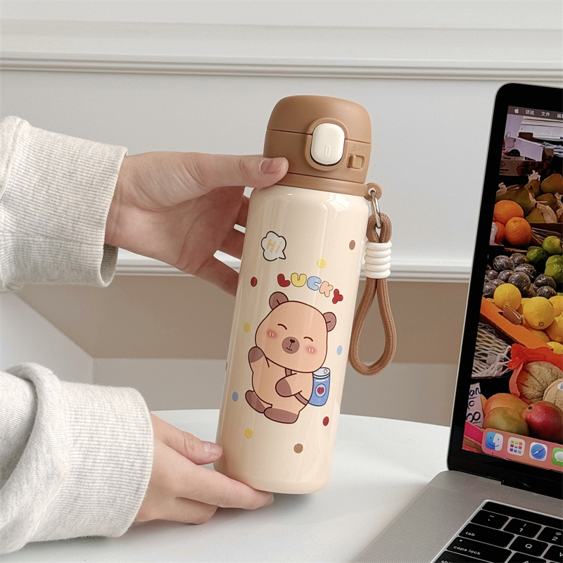 Cute pet bouncing direct drinking insulated cup, stainless steel tea-water separation insulated cup, adorable cartoon children's insulated cup full figure