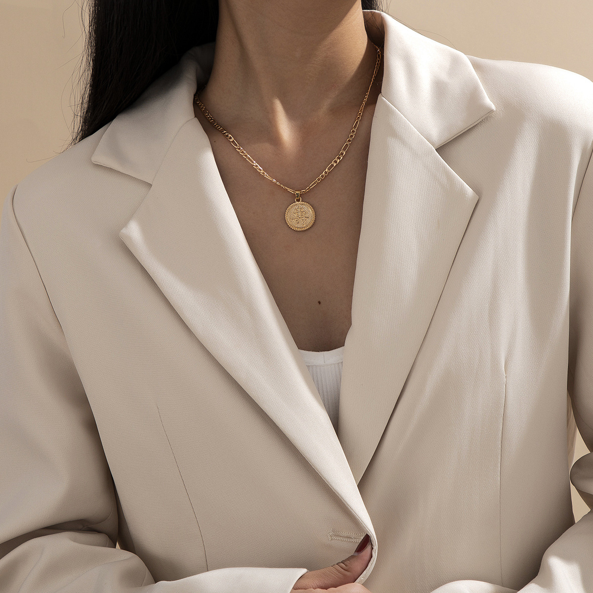 European and American cross-border jewelry, simple single-layer chain necklace, women's retro style, round alloy pendant necklace Specification drawing