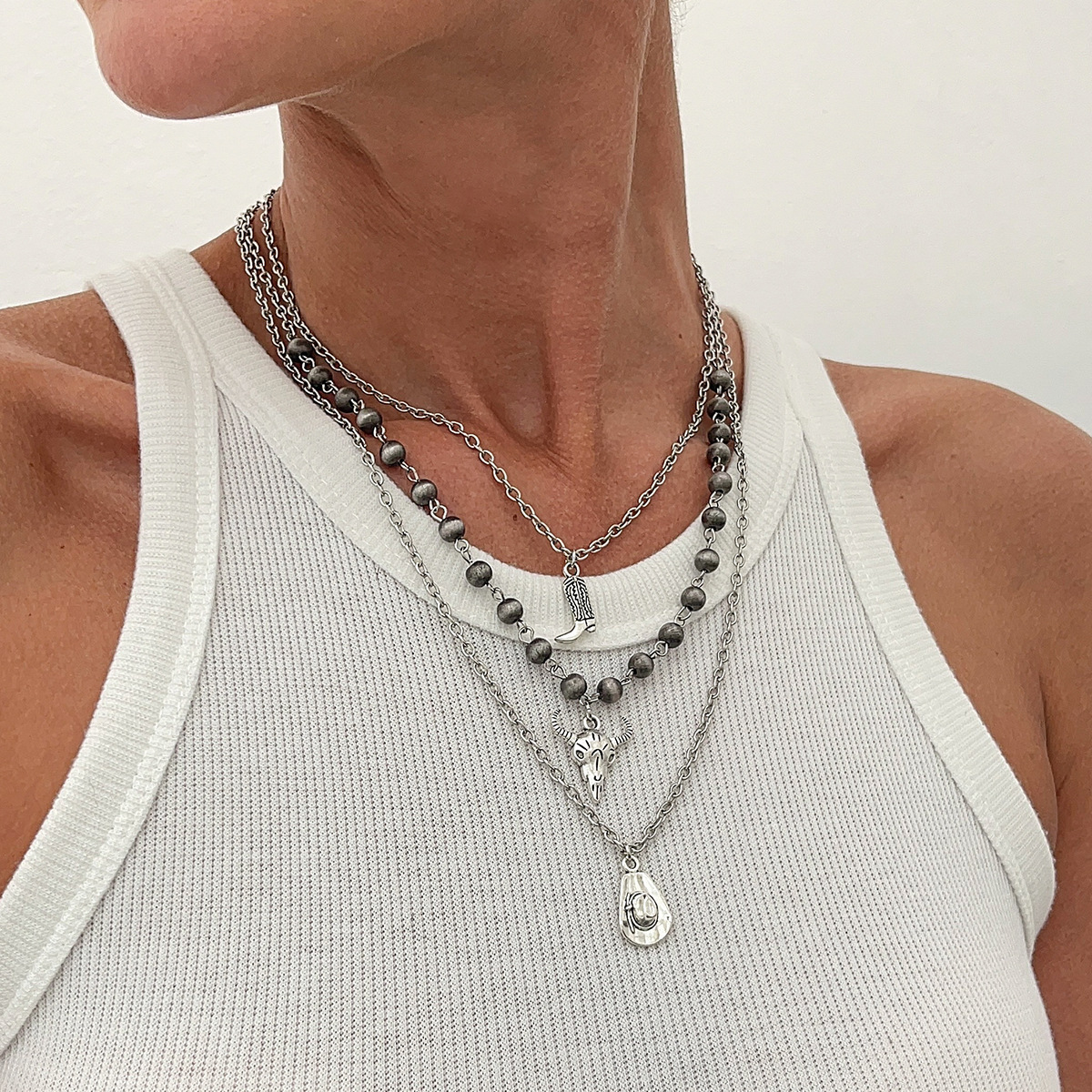 European and American cross-border jewelry, personalized irregular ancient tin brushed necklace, ethnic style 3-piece set CCB cross chain necklace details Picture