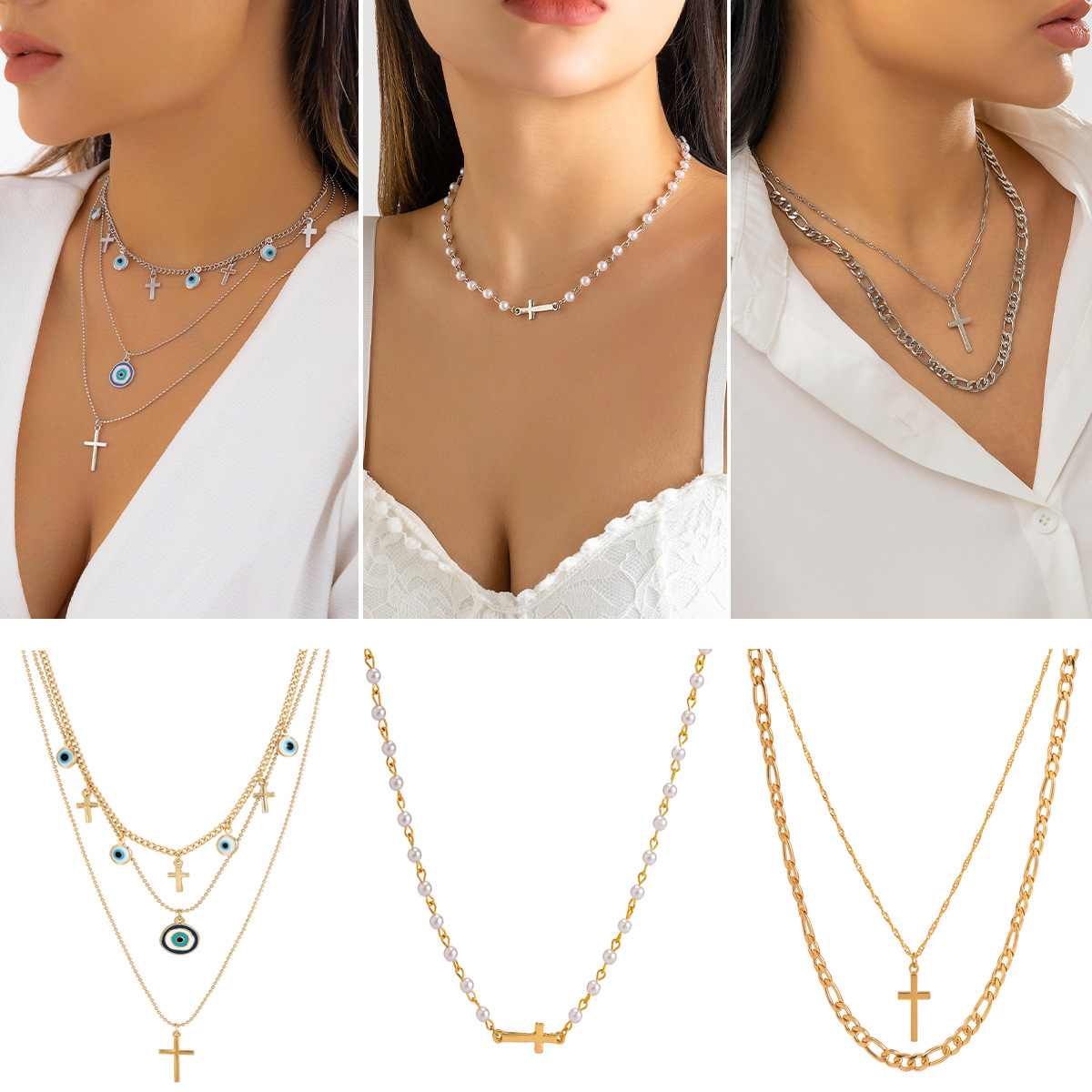 European and American cross-border jewelry, Bohemian retro blue devil eye necklace, French simple cross necklace full figure
