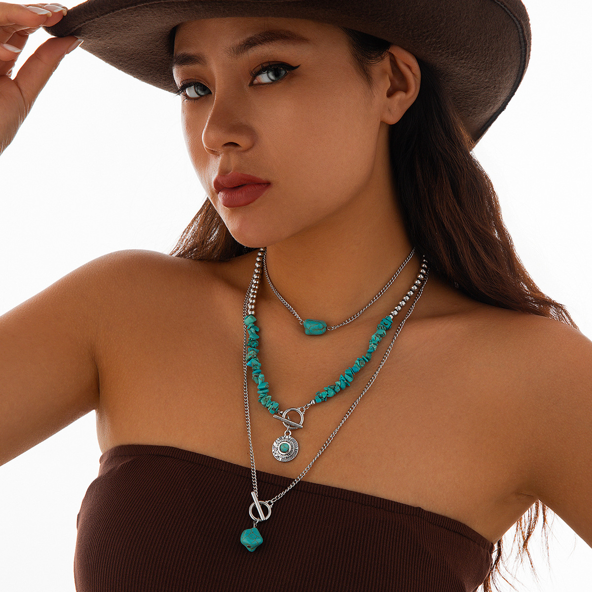 European and American cross-border jewelry, retro beaded geometric turquoise collarbone chain, casual style multi-layer Bohemian necklace details Picture