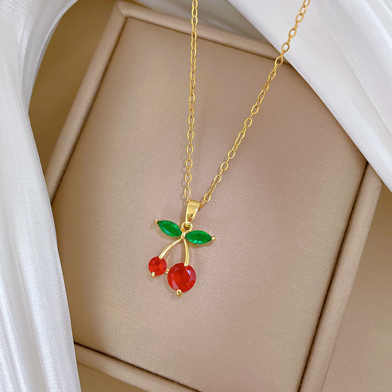 【 Titanium Steel 】 Red cherry fruit full diamond, light luxury and elegant, full diamond necklace, versatile for women, collarbone chain, titanium steel Application Scenario