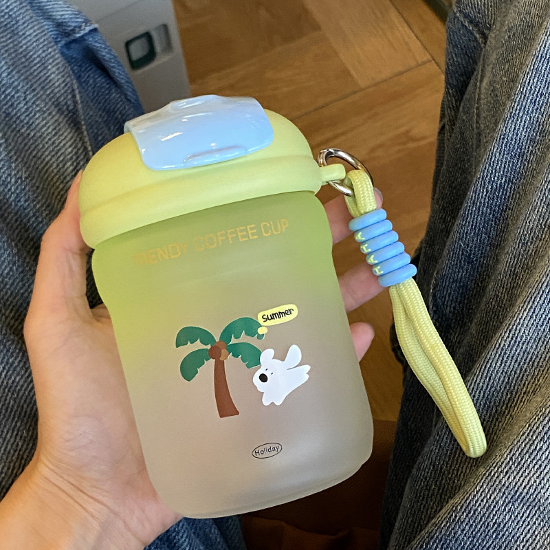ins original coconut tree puppy gradient green sealed glass cup, niche coconut kitten water cup, large-capacity portable cup Item Picture