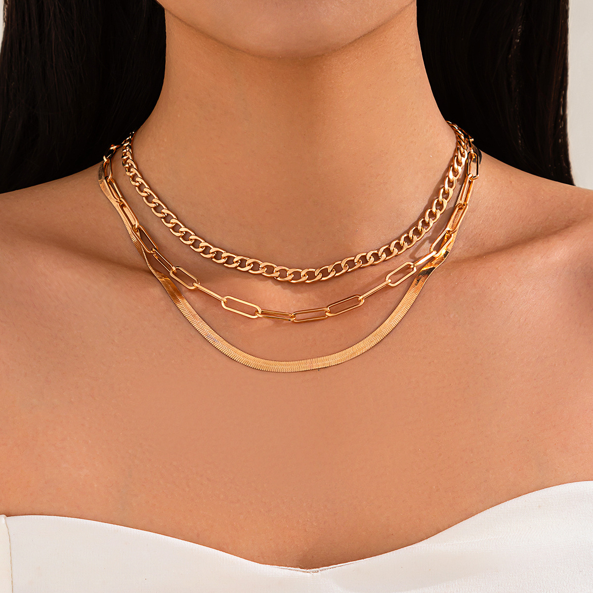 European and American cross-border jewelry hip-hop metal style snake bone chain necklace, simple and individual Cuban multi-layer collarbone chain set Specification drawing
