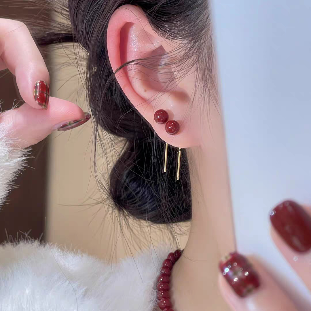 Ankora Red retro pearl tassel ear thread, 2025 new style stud earrings, niche high-end earrings, versatile earrings details Picture