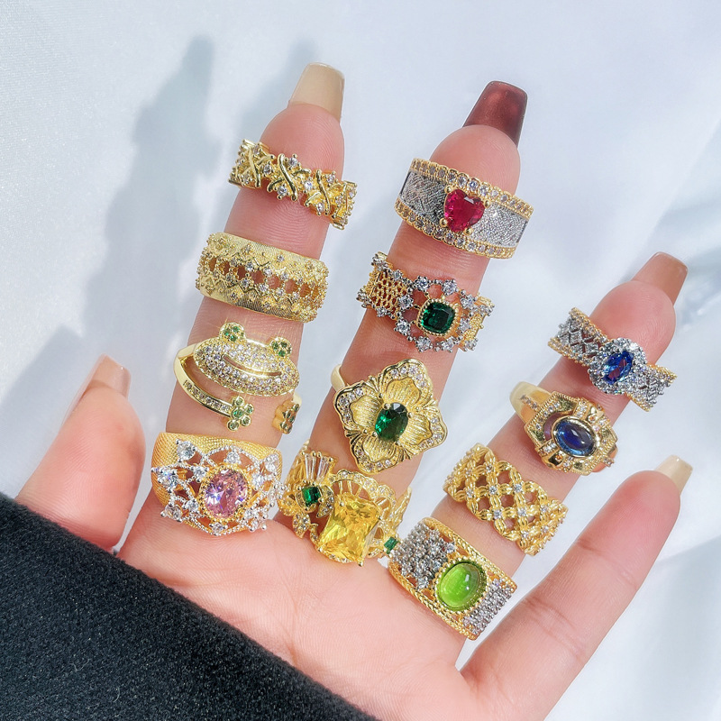 Cross-border colored gemstone retro hollowed-out opening ring for women's Instagram, a niche high-end, light luxury, trendy and versatile food ring Specification drawing