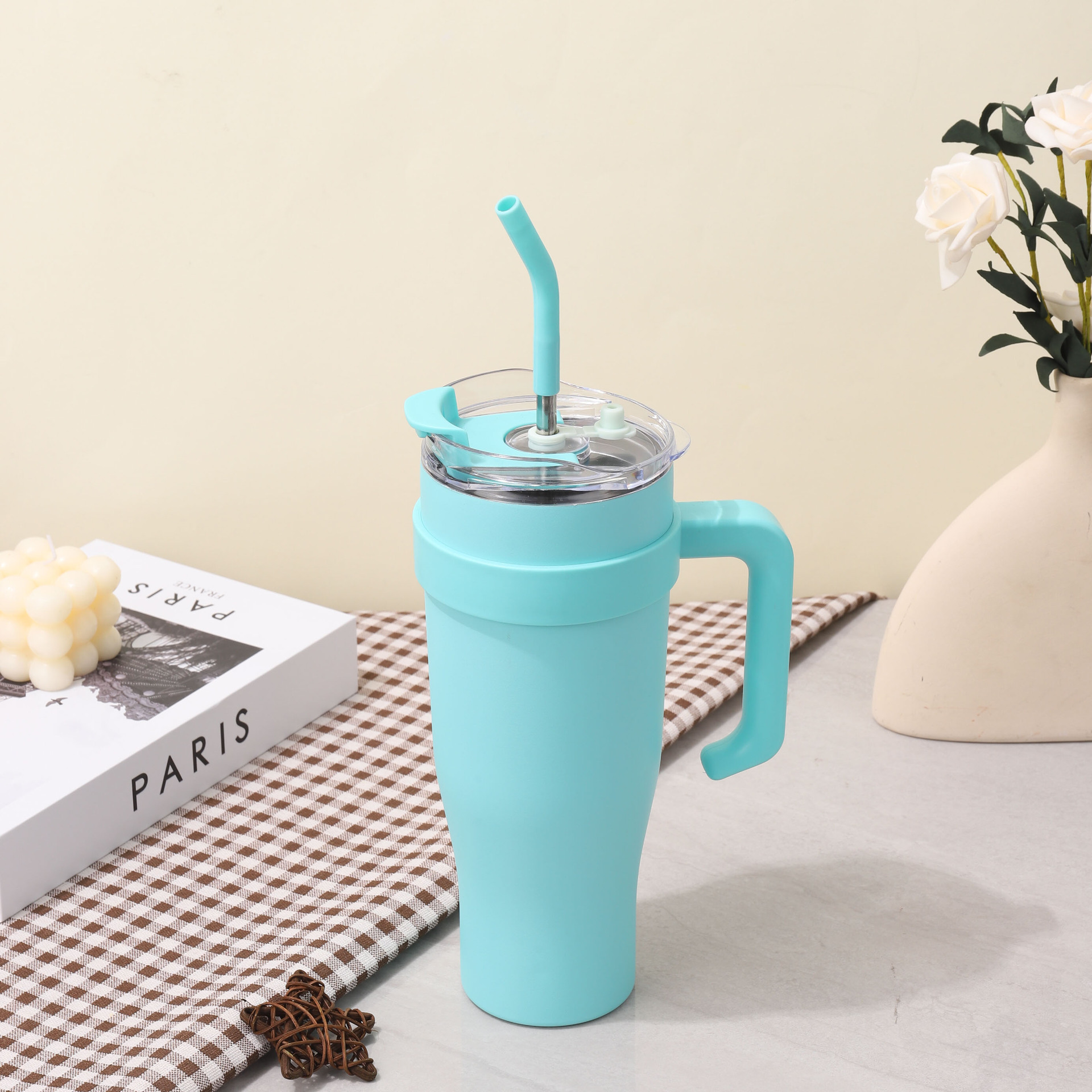 Amazon handle car cup 40oz large capacity ice cup, straw cup, high appearance level 304 stainless steel insulated cup details Picture
