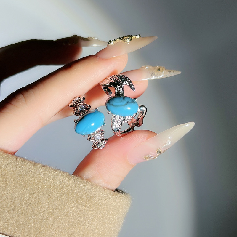 European and American ins turquoise irregular texture ring for women's egg surface punk personality versatile, cool and trendy niche index finger ring Specification drawing