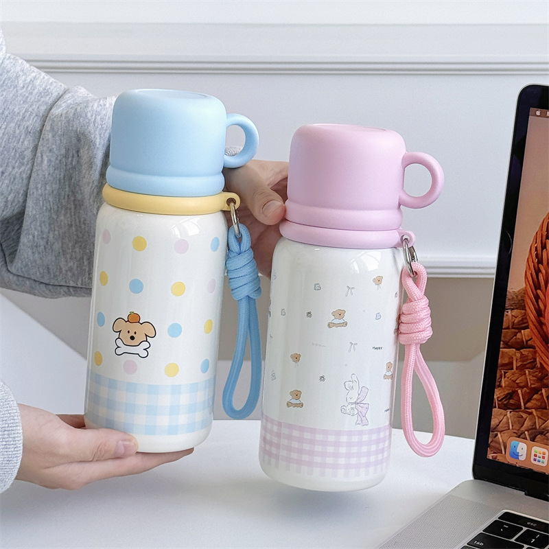 2025 New Zaka three-drink Insulated Cup with stainless steel strap, 500ml, cute cartoon straw cup for women full figure