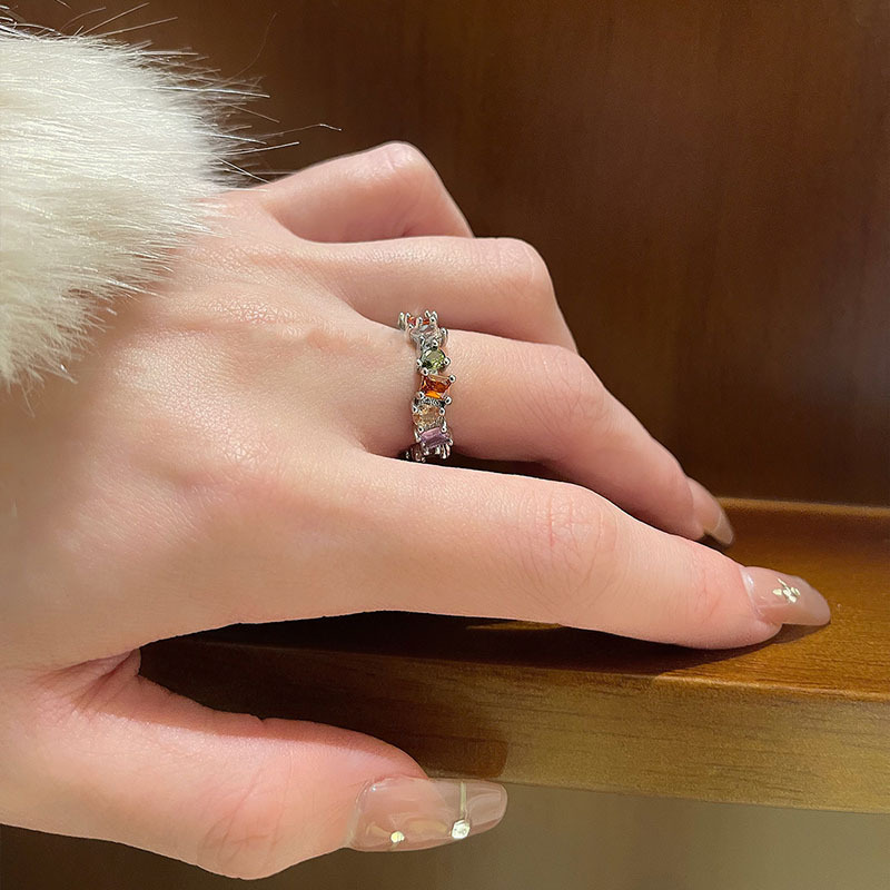 Dreamy rainbow-colored zircon light luxury open ring for women, a niche design on Instagram, a new trend for women in 2023 details Picture