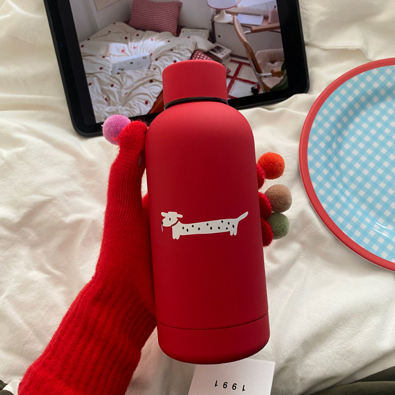New Year and Christmas high-end red frosted stainless steel insulated cup for little dog, cute spotted dog travel cup Item Picture