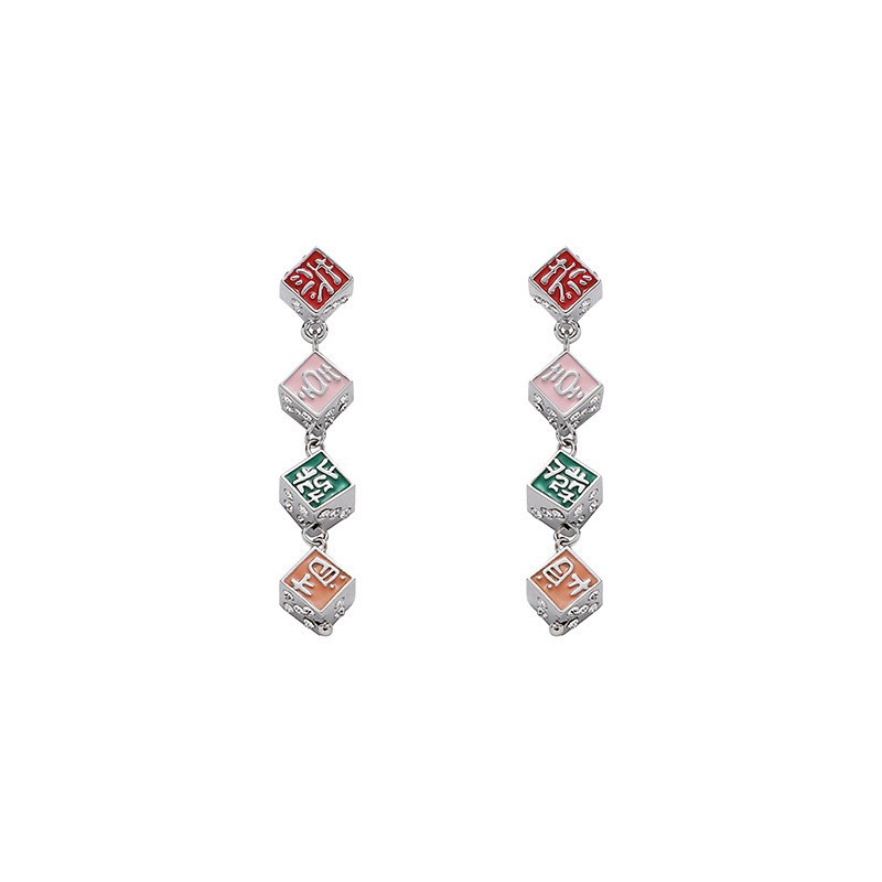Winter congratulations and prosperity dice earrings for women, long, retro, high-end, exquisite stud earrings, silver needle design, niche earrings Item Picture