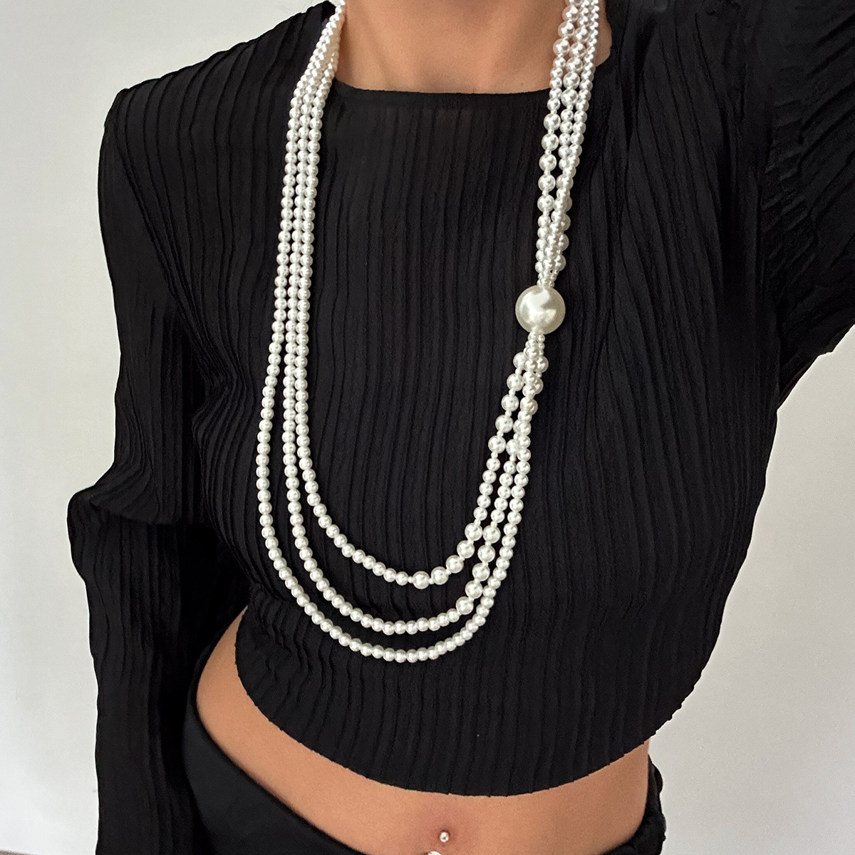 European and American cross-border jewelry, Baroque geometric pearl beaded collarbone chain, retro tassel multi-layer long necklace full figure