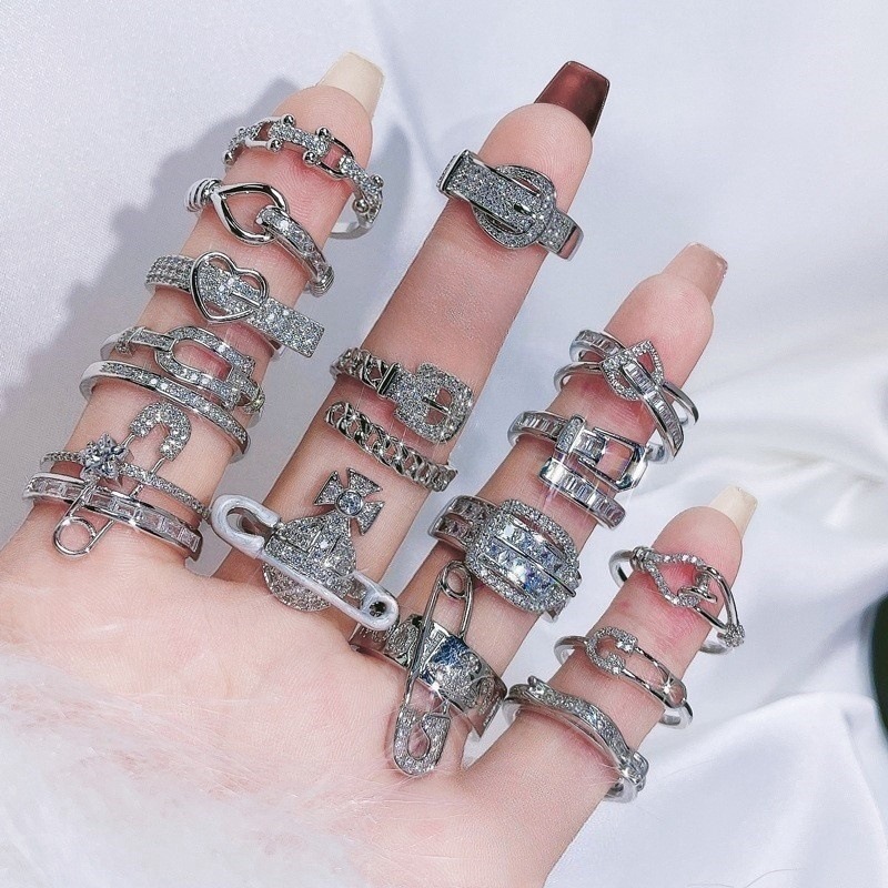 Light luxury and high-end, full diamond belt buckle open ring, women's paper clip, elegant and fashionable, ins cold style index finger ring details Picture