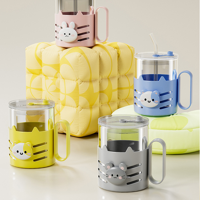 Double-layered glass cups with handles, cartoon printed straw cups, cute breakfast cups, gift water cups, milk straw cups full figure