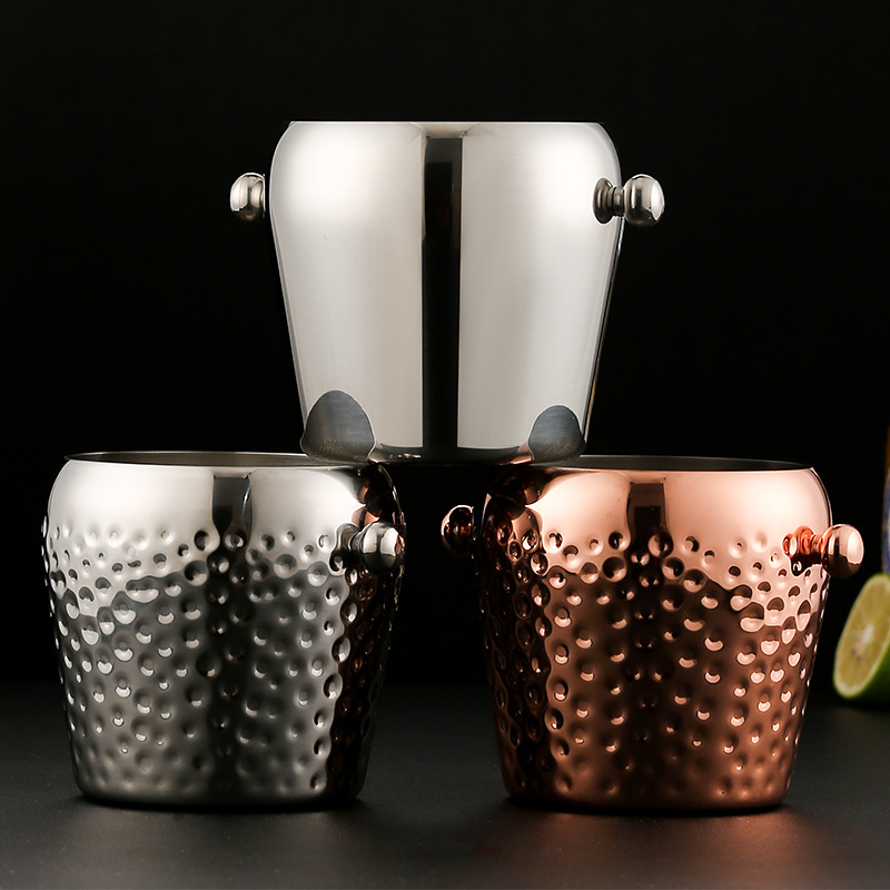 Stainless steel single-layer drum-shaped hammered ice bucket, multi-purpose ice bucket for bars, champagne bucket, beer bucket, creative hammered ice bucket details Picture