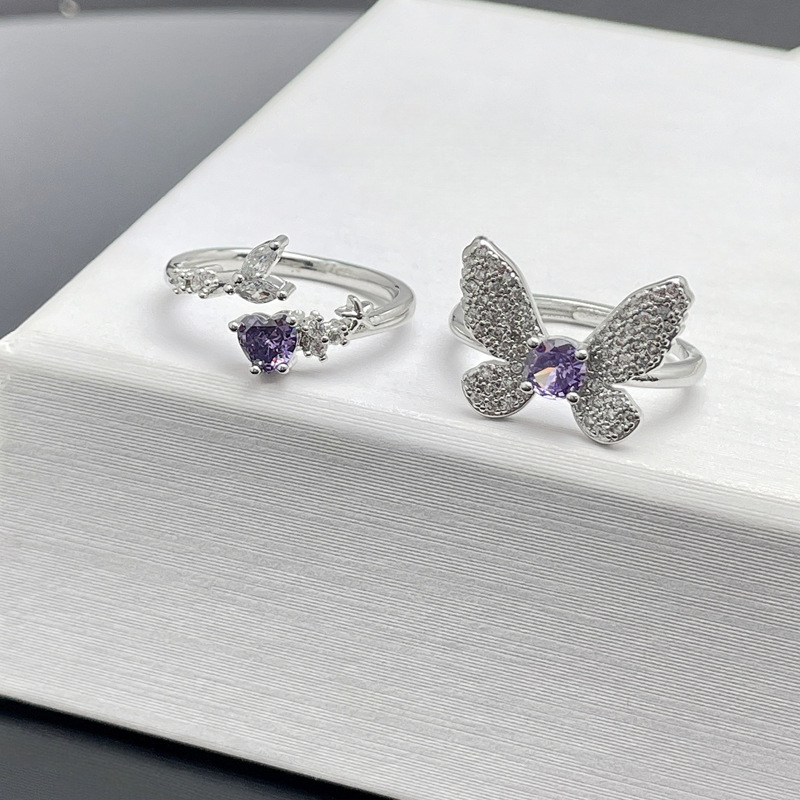 The new Korean version of the Phantom purple diamond butterfly opening ring is a light luxury, high-end, sweet, cool, fashionable and exquisite layered ring for women Specification drawing