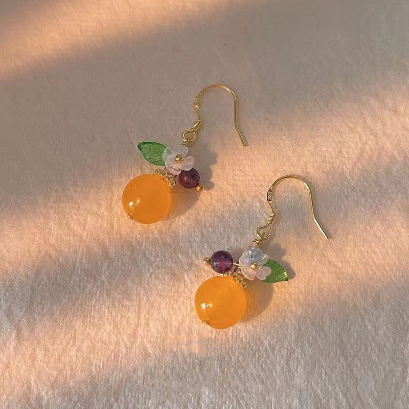 Super beautiful ~ Summer Orange ~s925 Niche creative design earrings, women's country style yellow jade flower stud earrings full figure
