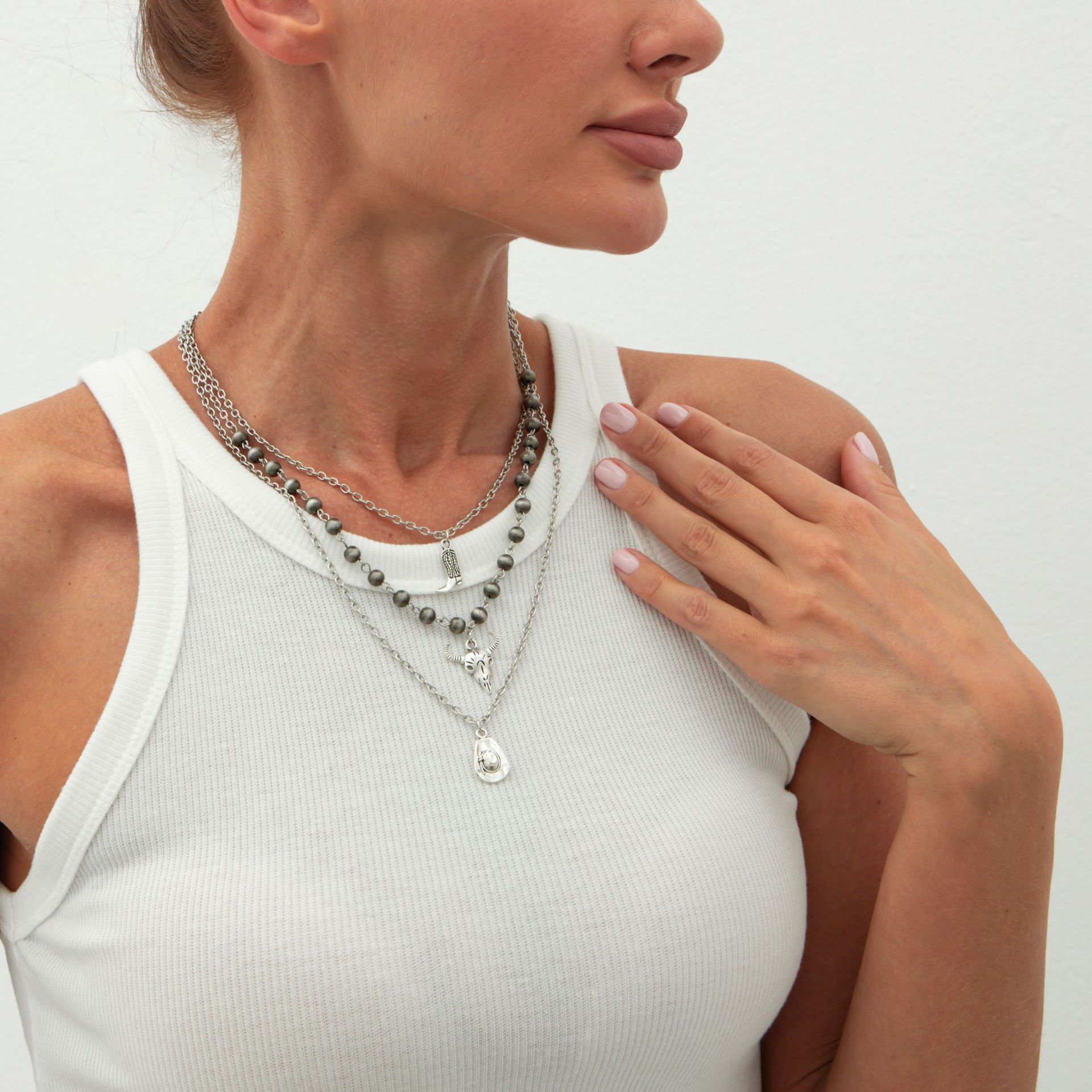 European and American cross-border jewelry, personalized irregular ancient tin brushed necklace, ethnic style 3-piece set CCB cross chain necklace Specification drawing