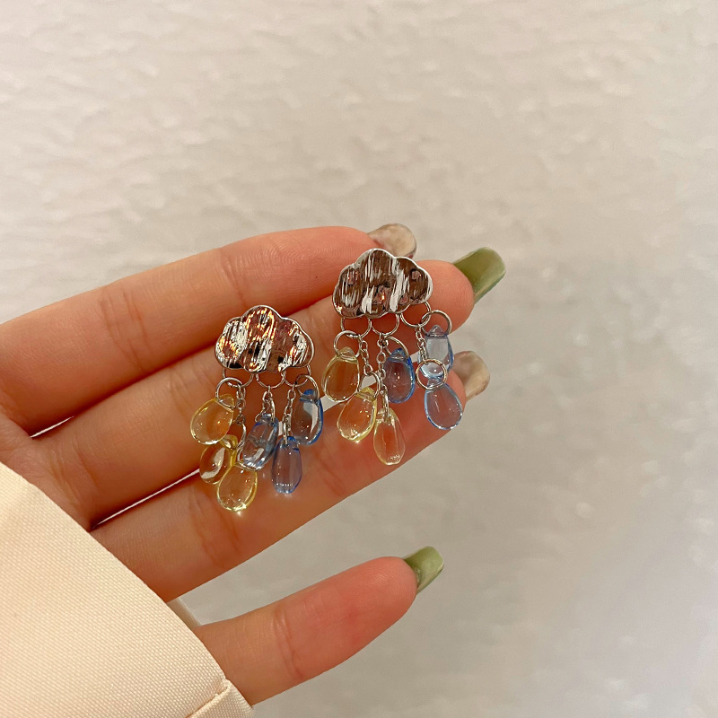 S925 Silver needle, elegant water drop tassel stud earrings, creative design sense, cloud earrings, ins style Spring and Summer earrings Specification drawing