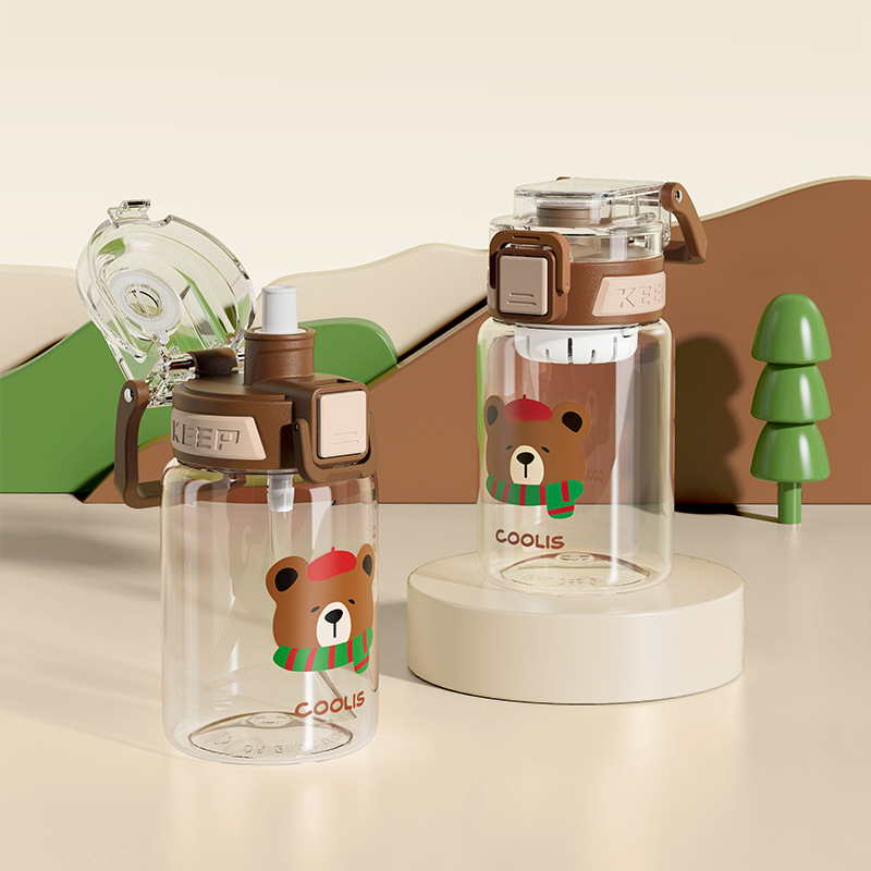 Cute scarf bear TRitan water cup, student cartoon plastic straw cup, summer high appearance level sports water cup for girls details Picture