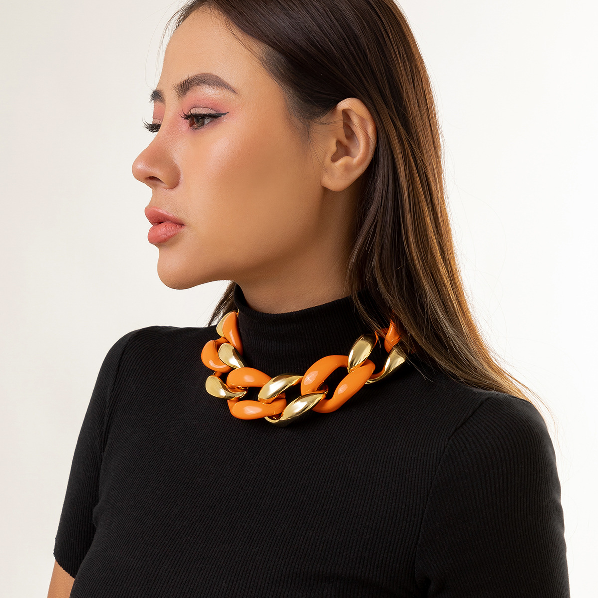 European and American punk hollowed-out acetic acid pattern cross-buckle chain necklace, female hip-hop metal aluminum chain acrylic splicing necklace Application Scenario