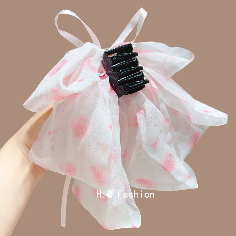 High-end and ethereal chiffon floral ribbon hair clips, elegant ponytail grab clip at the back of the head, semi-tied hair clip accessories Specification drawing