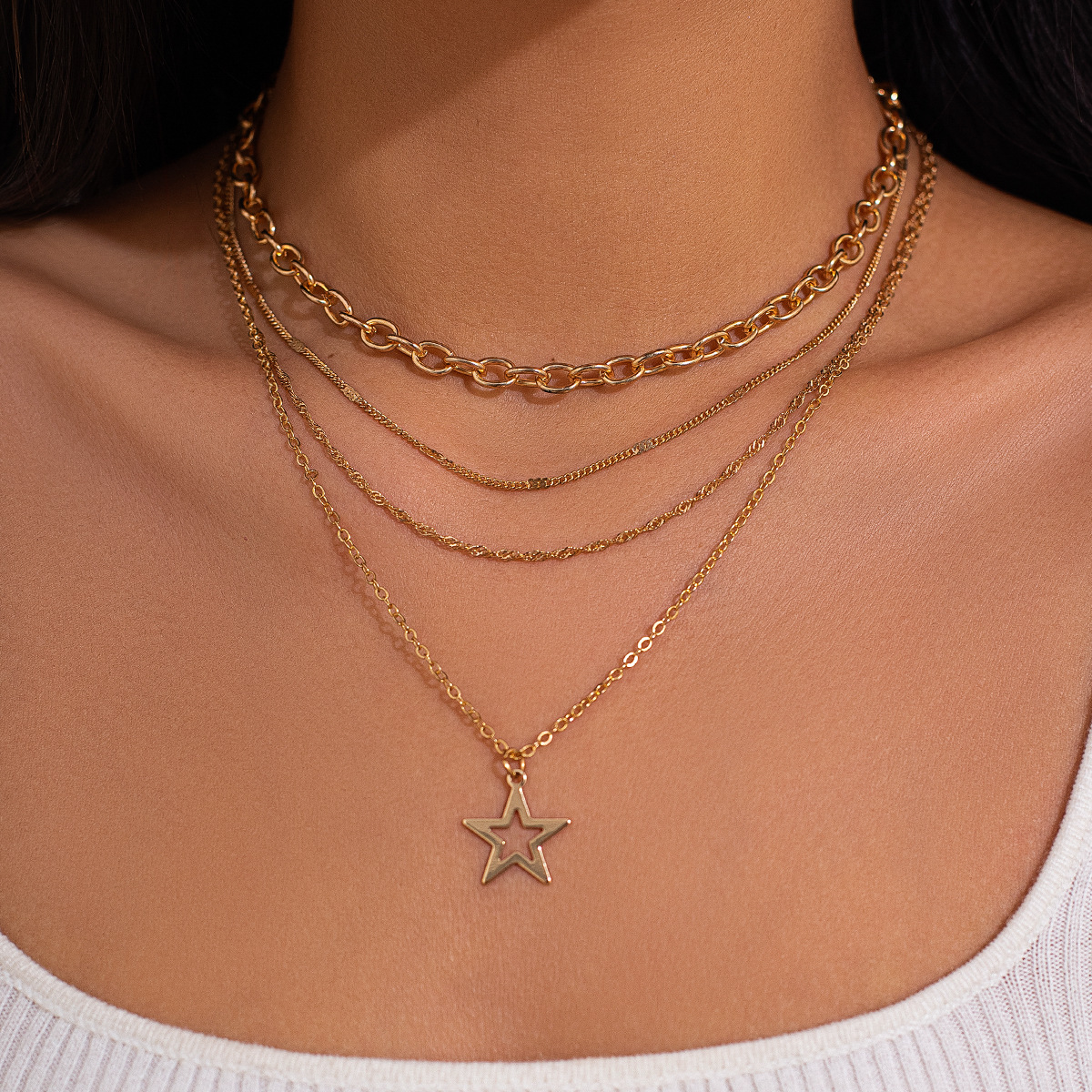European and American cross-border accessories, personalized five-pointed star alloy collarbone chain, sweet and cool style stacked metal necklace set details Picture