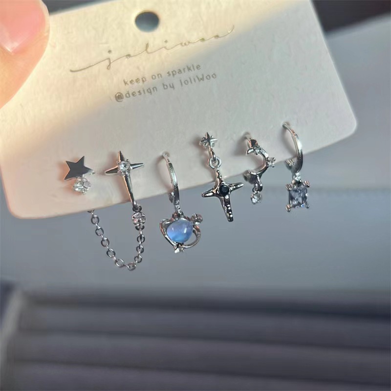 Surprise ~ 6-piece set of ear studs ~ Star Chain design earring and ear stud set, stylish and versatile Planet Zircon earrings details Picture