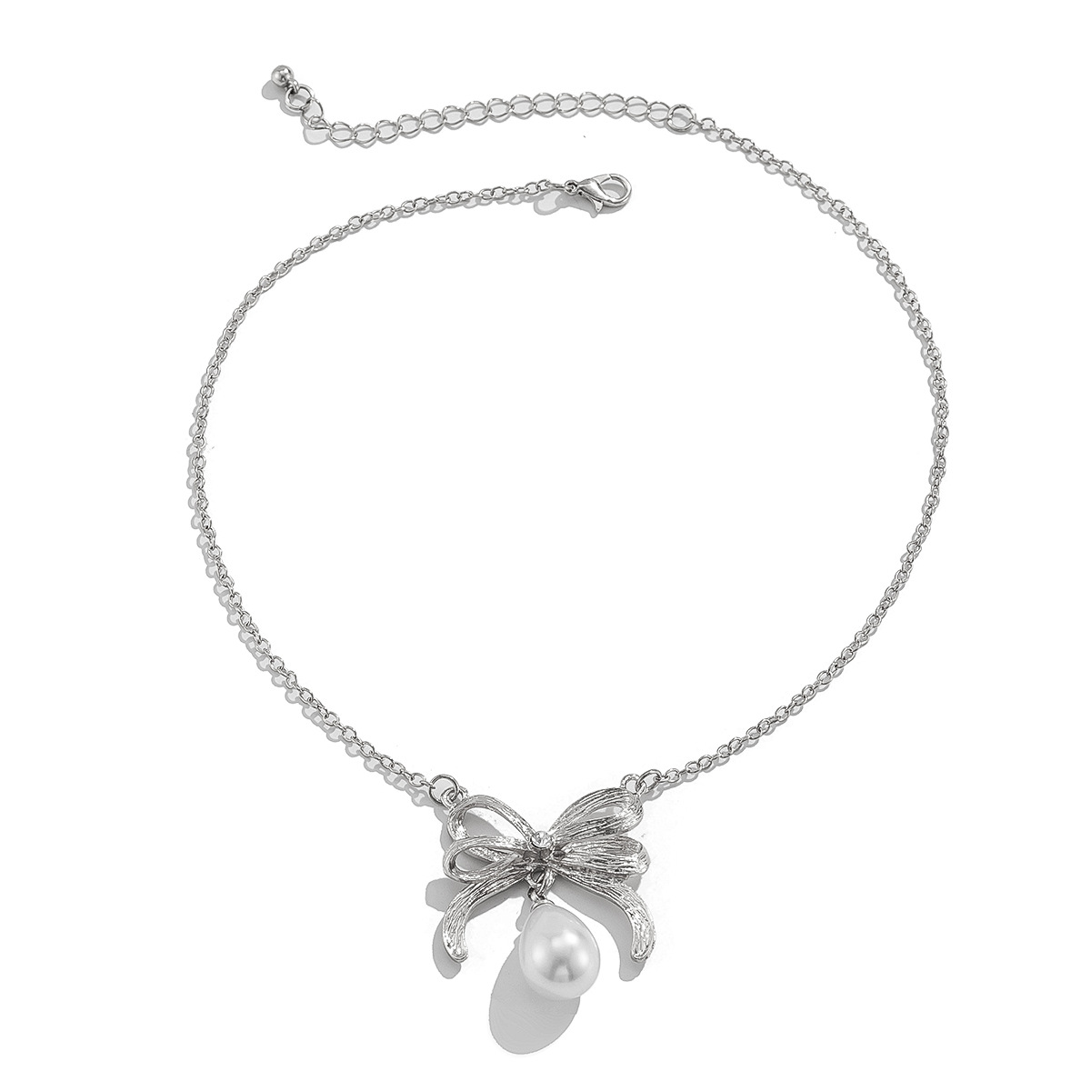 European and American cross-border jewelry bow, round plate cross chain necklace, imitation pearl alloy iron chain, ins collarbone chain Item Picture