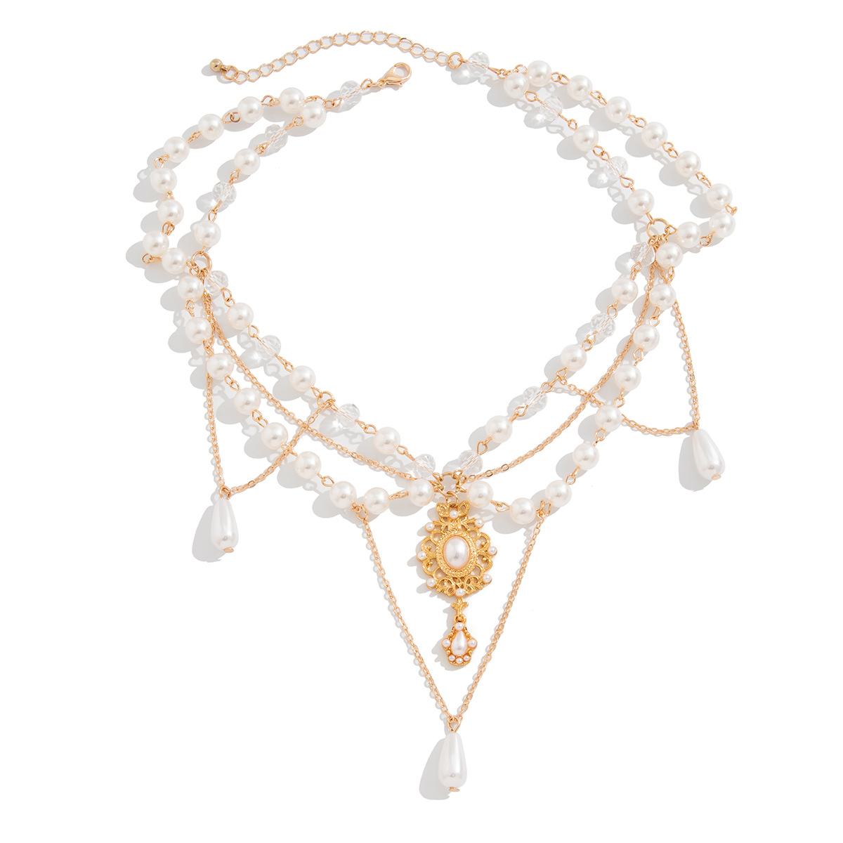 European and American cross-border jewelry, Baroque pearl teardrop-shaped pendant, collarbone chain, sweet tassel alloy beaded necklace Item Picture