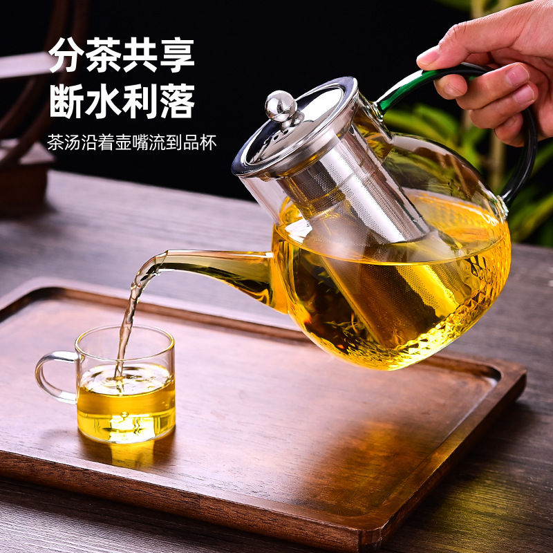 Wholesale of thickened high borosilicate portable 304 stainless steel filter glass teapots with colorful handles for household Gongfu tea sets details Picture