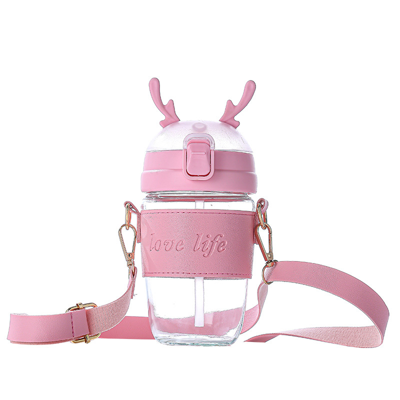 Elk straw water cup, anti-drop backpack cup for going out, activity gift cup, 400ml heat-resistant glass drinking cup with printed words Item Picture