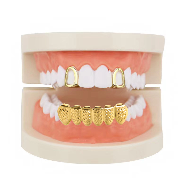 European and American hip-hop braces, hiphop glossy single cross hollowed-out set, wheat ear gold braces, party decoration teeth details Picture