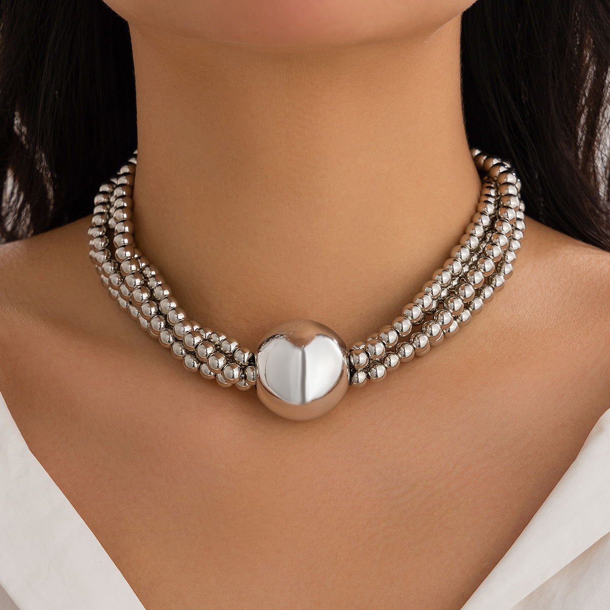 European and American cross-border jewelry, exaggerated round bead pendant, collarbone necklace, female hip-hop trend metal multi-layer pearl necklace Specification drawing