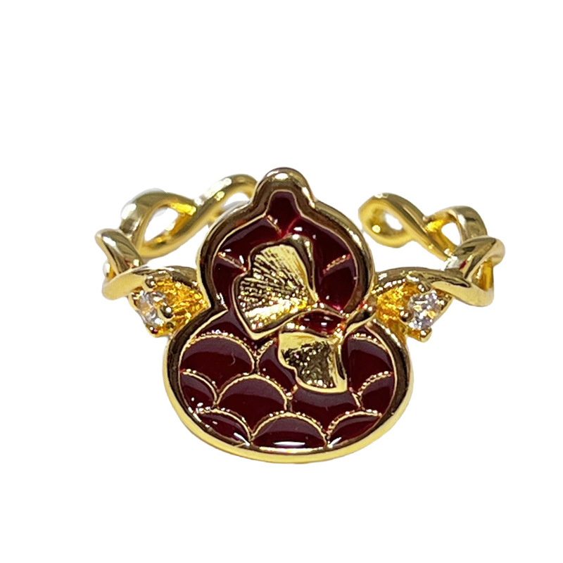 New retro Chinese-style enamel gourd and apricot leaf ring for women, a light luxury and niche index finger ring with a bright red color that makes the skin look fairer Item Picture