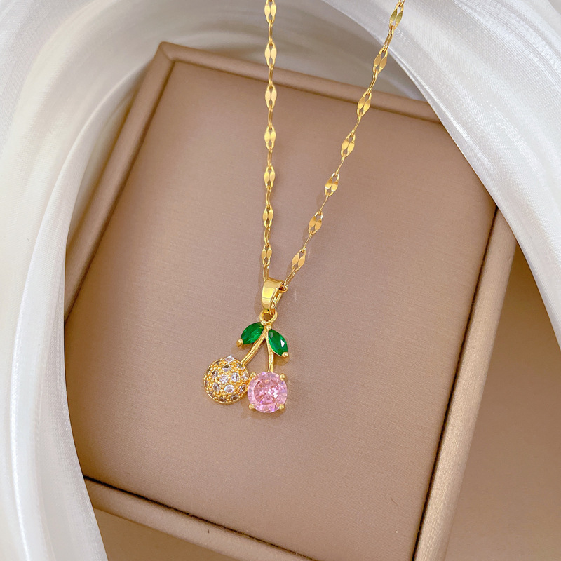 【 Titanium Steel 】 Light luxury cherry pink diamond, fresh and delicate, slightly inlaid real gold necklace earrings, ins collarbone chain accessory set Application Scenario