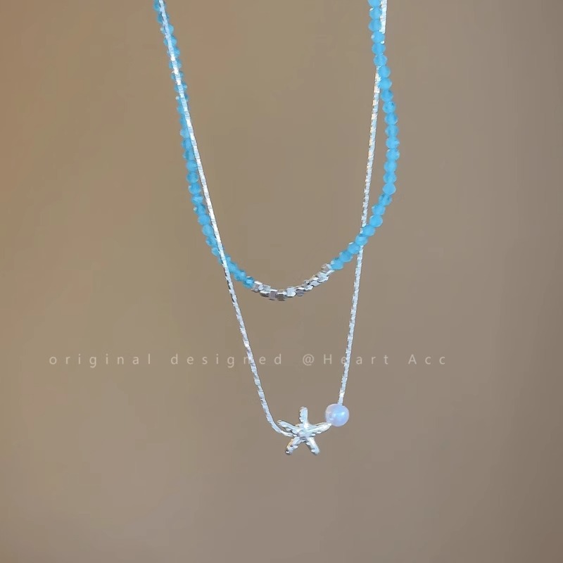 Starfish pearl Silver necklace, a unique design for women, double-layered beaded collarbone chain, a fashionable and versatile neck accessory details Picture