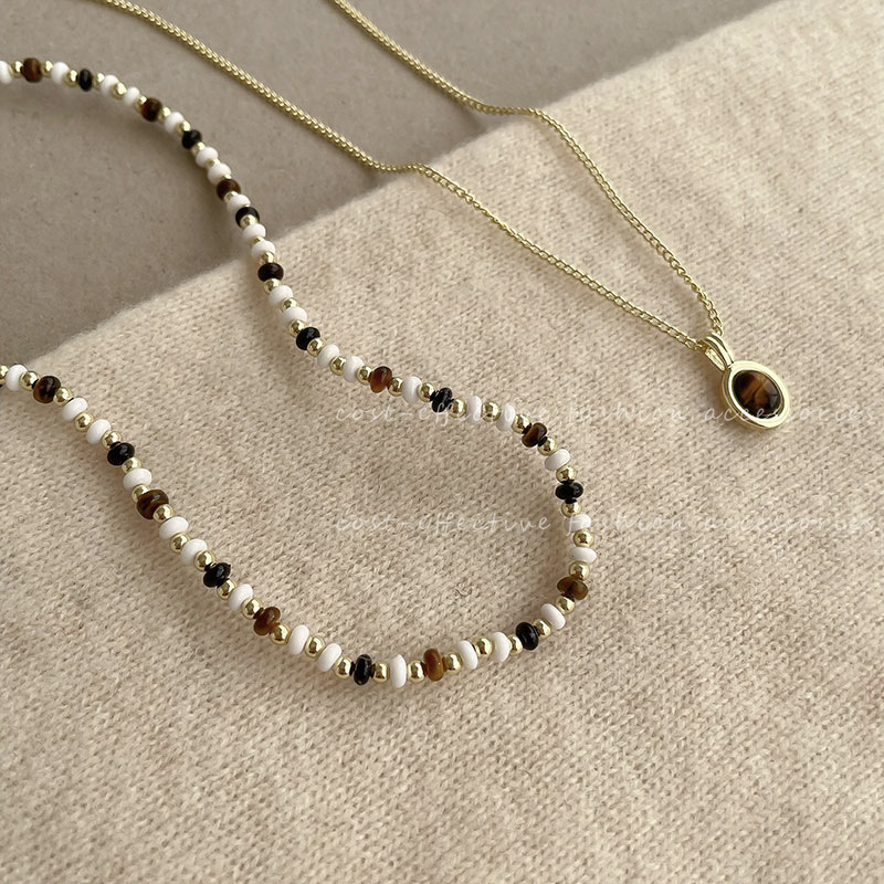 Double-layered tiger-eye pendant necklace, a new retro accessory for women, autumn and winter beaded sweater chain Specification drawing