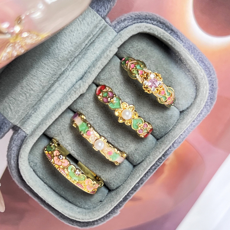 A unique macaron enamel open ring with ancient charm in new Chinese style, a light luxury and niche summer ring for women full figure