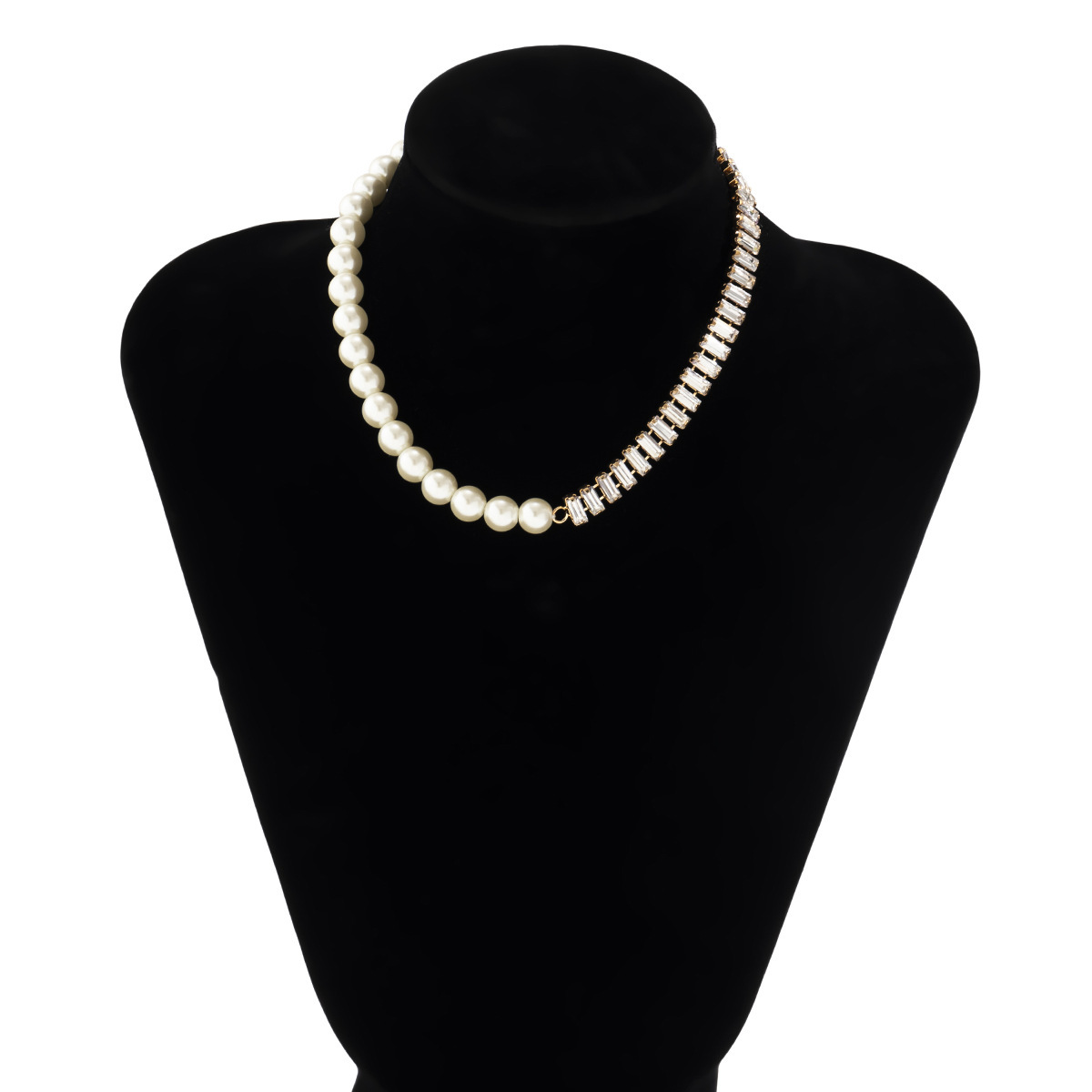 European and American cross-border jewelry hip-hop double-layer water diamond claw chain collarbone chain simple geometric square zircon pearl necklace Specification drawing