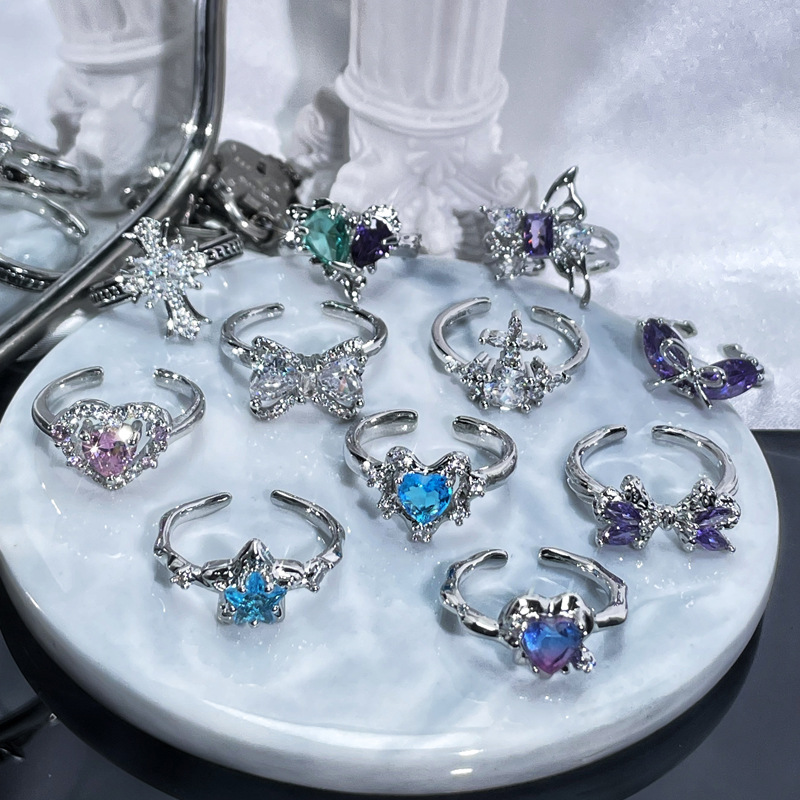 French sweet and cool colored zircon heart-shaped bow open ring, a unique and cold style light luxury and high-end ring for women full figure