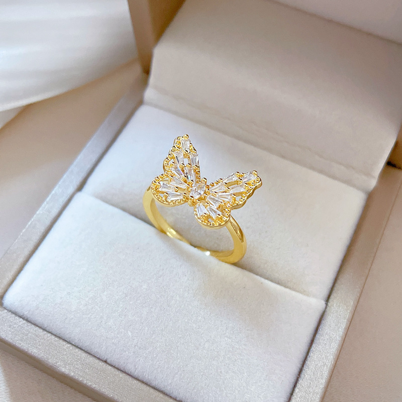 【 Real Gold electroplating 】 Open Heavy Industry Butterfly Fashion Micro-inlay Light Luxury Ring Index finger Ring, the same style as Internet celebrities, cold style Application Scenario