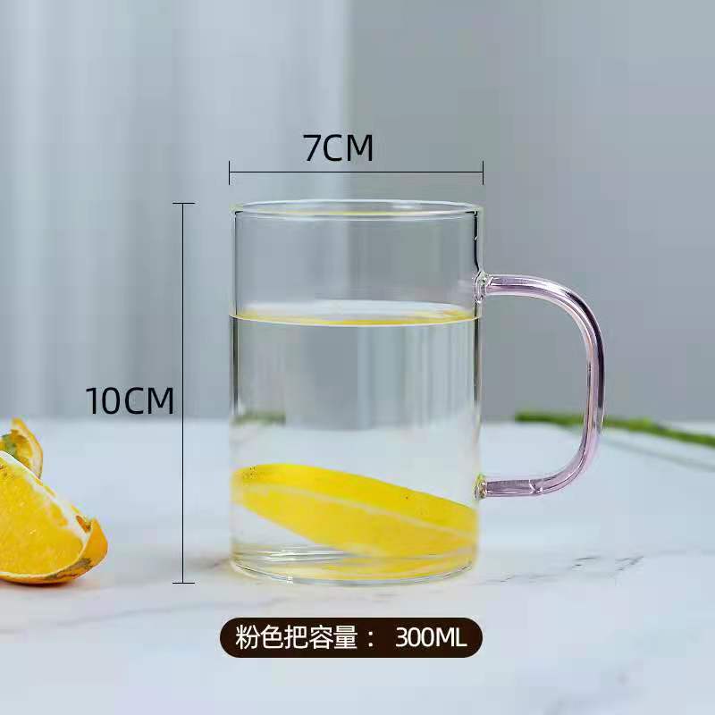 Thickened glass cups with handles, household green tea cups, cold water cups, milk cups, breakfast cups, coffee cups, household water cups in various colors Specification drawing