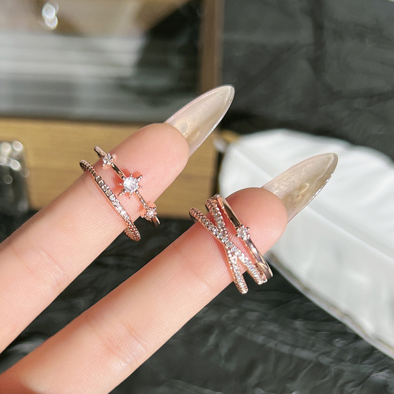 A Japanese-style light luxury star-studded diamond-encrusted open-top ring, a unique and trendy rose gold line double-layer index finger ring Specification drawing