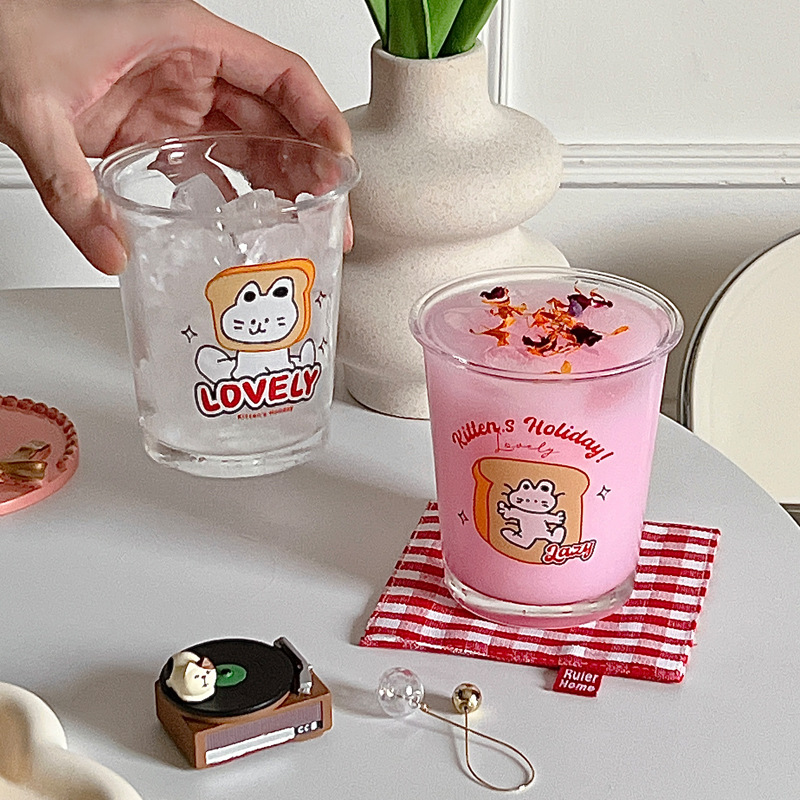 Bolimei Korean InS-style cat glass milk cup, girlish water cup, glass cup, large-capacity drinking cup full figure