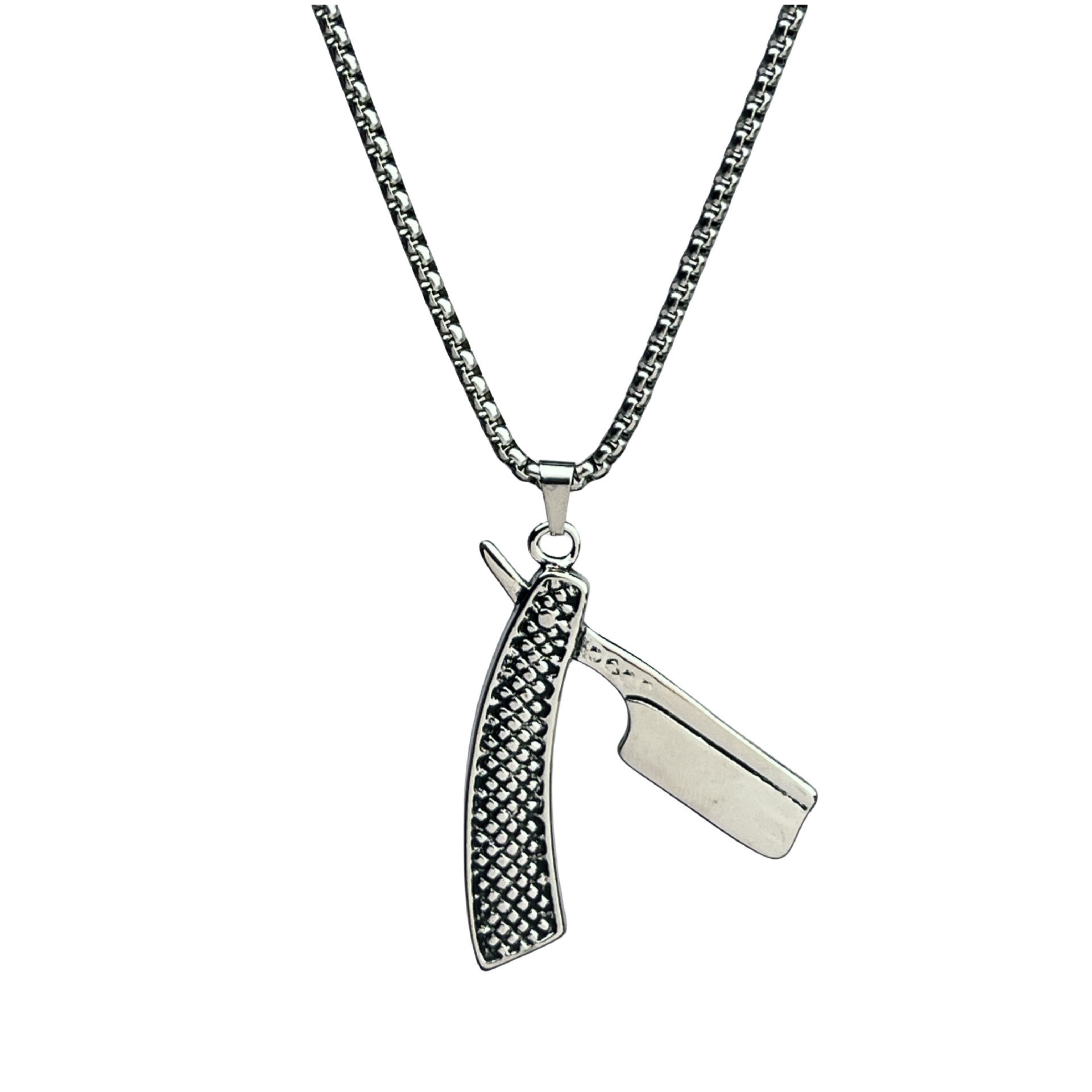 Wholesale of 2024 cross-border new hip-hop alloy razor pendant, fashionable, creative and personalized razor titanium steel necklace Item Picture