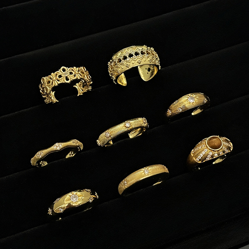 Fashionable brushed and hollowed-out retro high-end texture open ring for women, wide version starlight simple and individual food ring details Picture