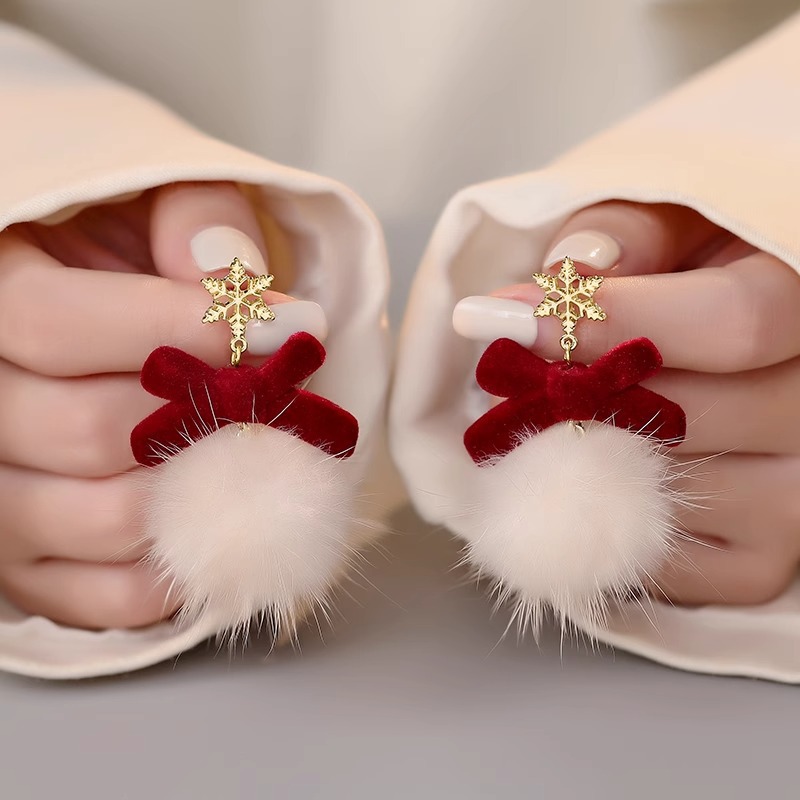 2025 New Spring Festival earrings, snowflake furball earrings, women's autumn and winter plush earrings, red bow earrings and stud earrings full figure