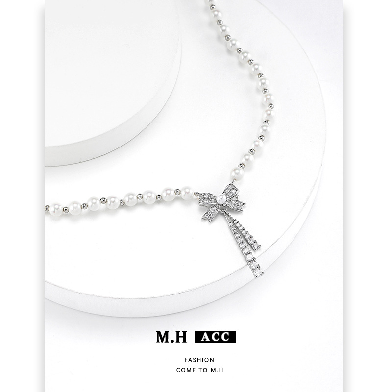 Bow pearl necklace for women's cross-border style, versatile and high-end neckchain, exquisite, fashionable and niche design collarbone chain Specification drawing